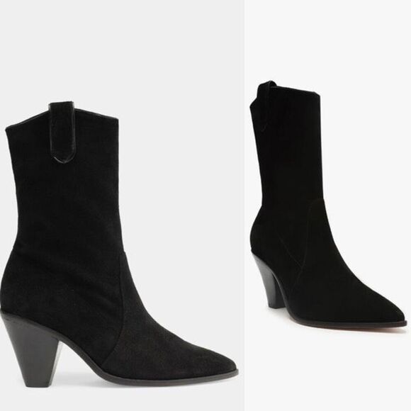 NWOB Schutz Mackie Women's Nubuck Leather Pointed Heeled Boots Black Size 9B - Picture 1 of 13
